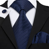 Navy Blue Hanky Cufflinks Silk Tie Set