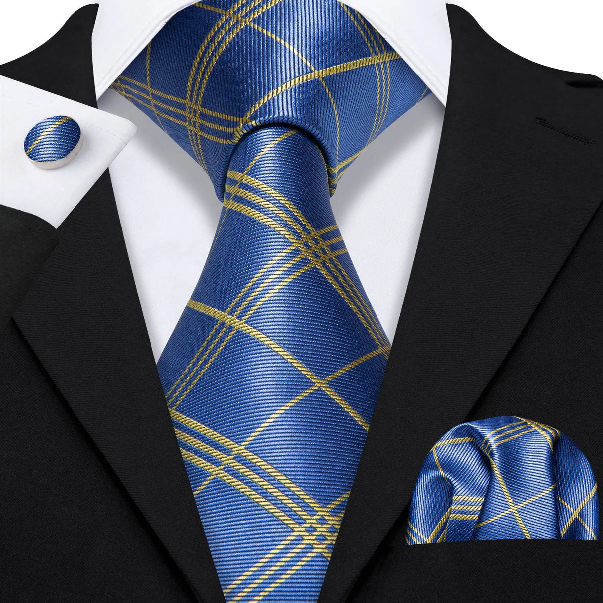 Navy Blue Hanky Cufflinks Silk Tie Set