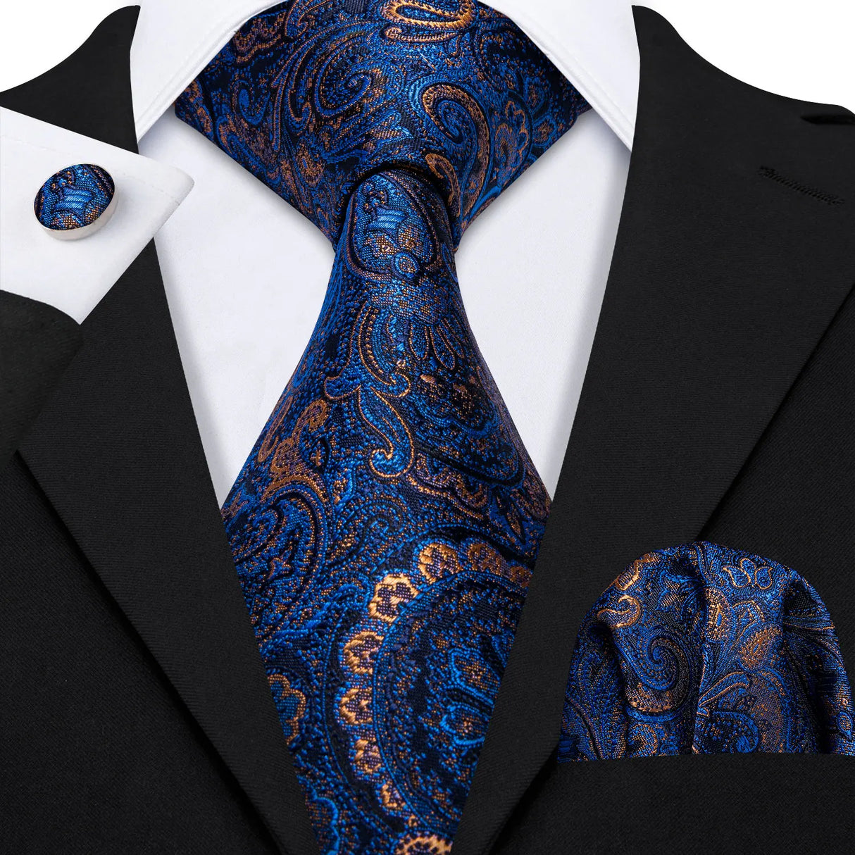 Navy Blue Hanky Cufflinks Silk Tie Set