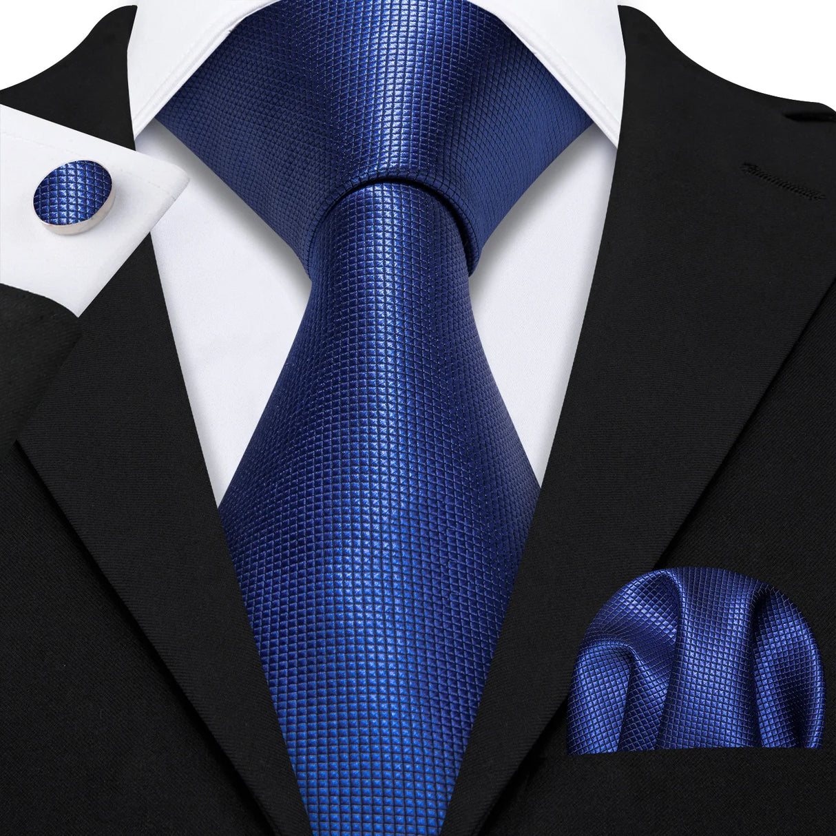 Navy Blue Hanky Cufflinks Silk Tie Set