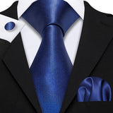 Navy Blue Hanky Cufflinks Silk Tie Set