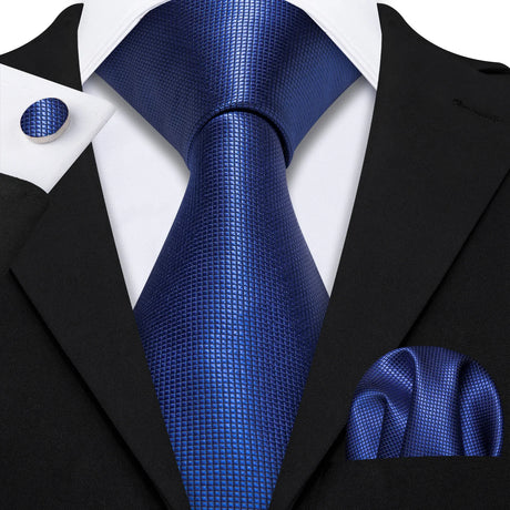 Navy Blue Hanky Cufflinks Silk Tie Set