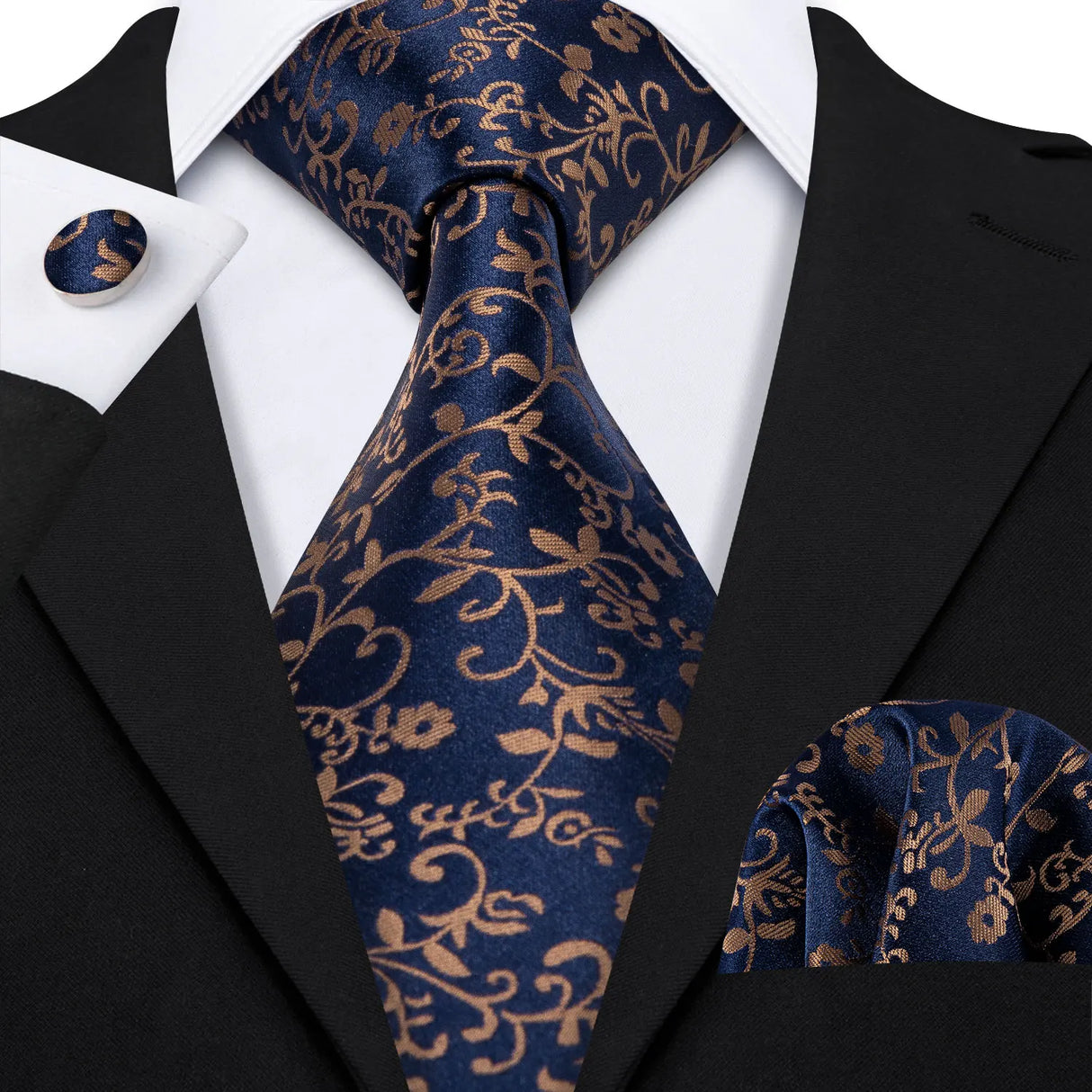 Navy Blue Hanky Cufflinks Silk Tie Set