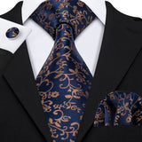 Navy Blue Hanky Cufflinks Silk Tie Set