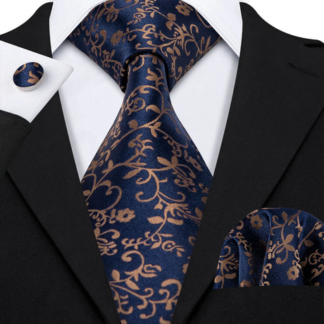 Navy Blue Hanky Cufflinks Silk Tie Set