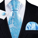 Light Blue Hanky Cufflinks Silk Tie Set