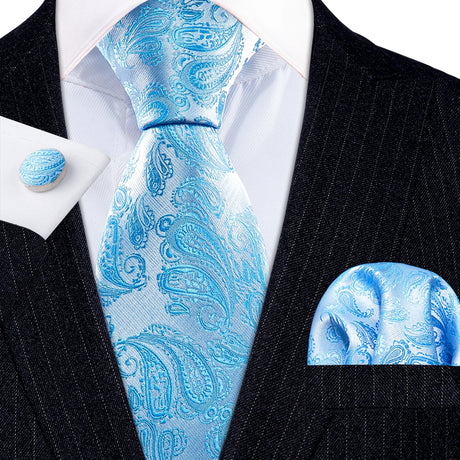 Light Blue Hanky Cufflinks Silk Tie Set