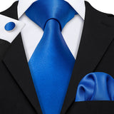 Navy Blue Hanky Cufflinks Silk Tie Set