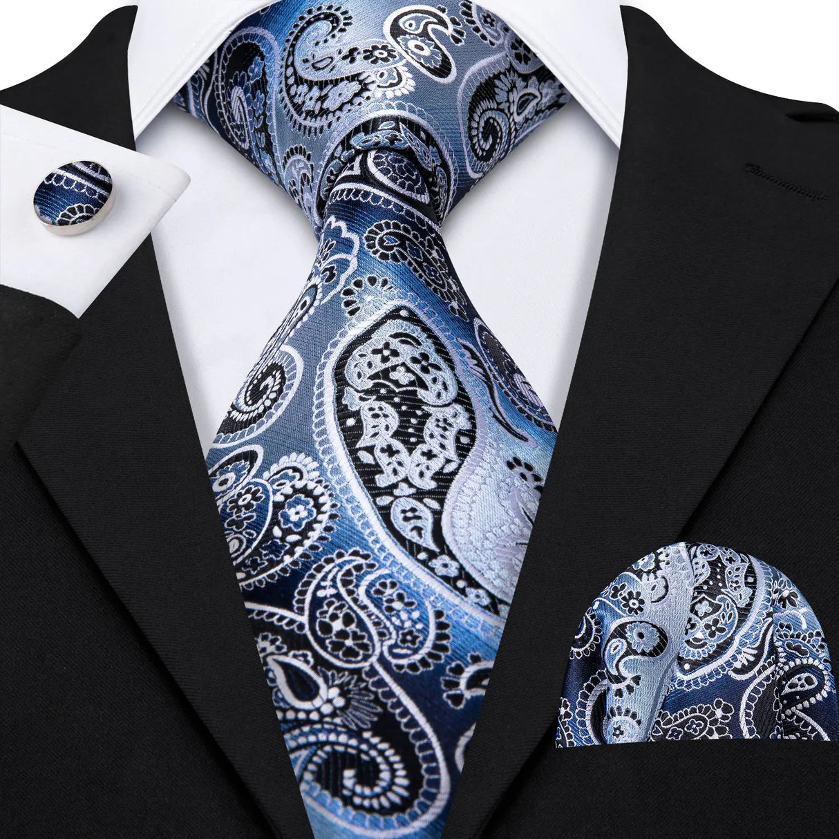 Navy Blue Hanky Cufflinks Silk Tie Set 