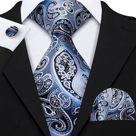 Navy Blue Hanky Cufflinks Silk Tie Set 