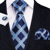 Navy Blue Hanky Cufflinks Silk Tie Set