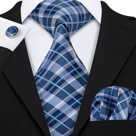 Navy Blue Hanky Cufflinks Silk Tie Set