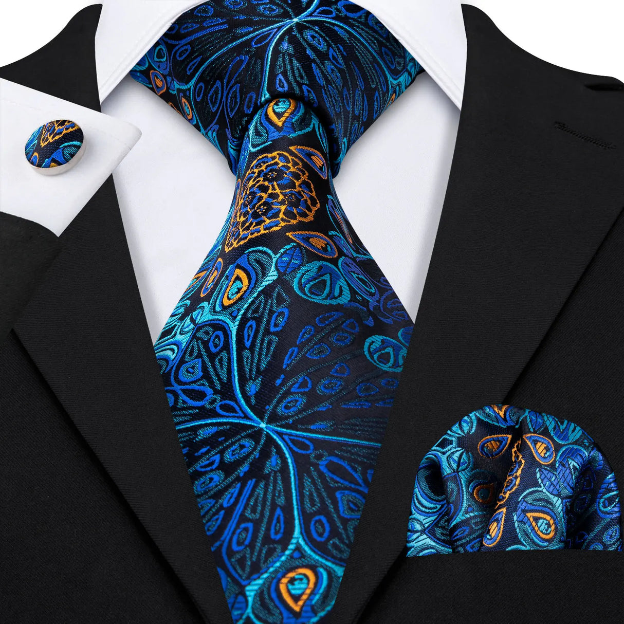 Navy Blue Hanky Cufflinks Silk Tie Set