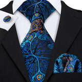 Navy Blue Hanky Cufflinks Silk Tie Set