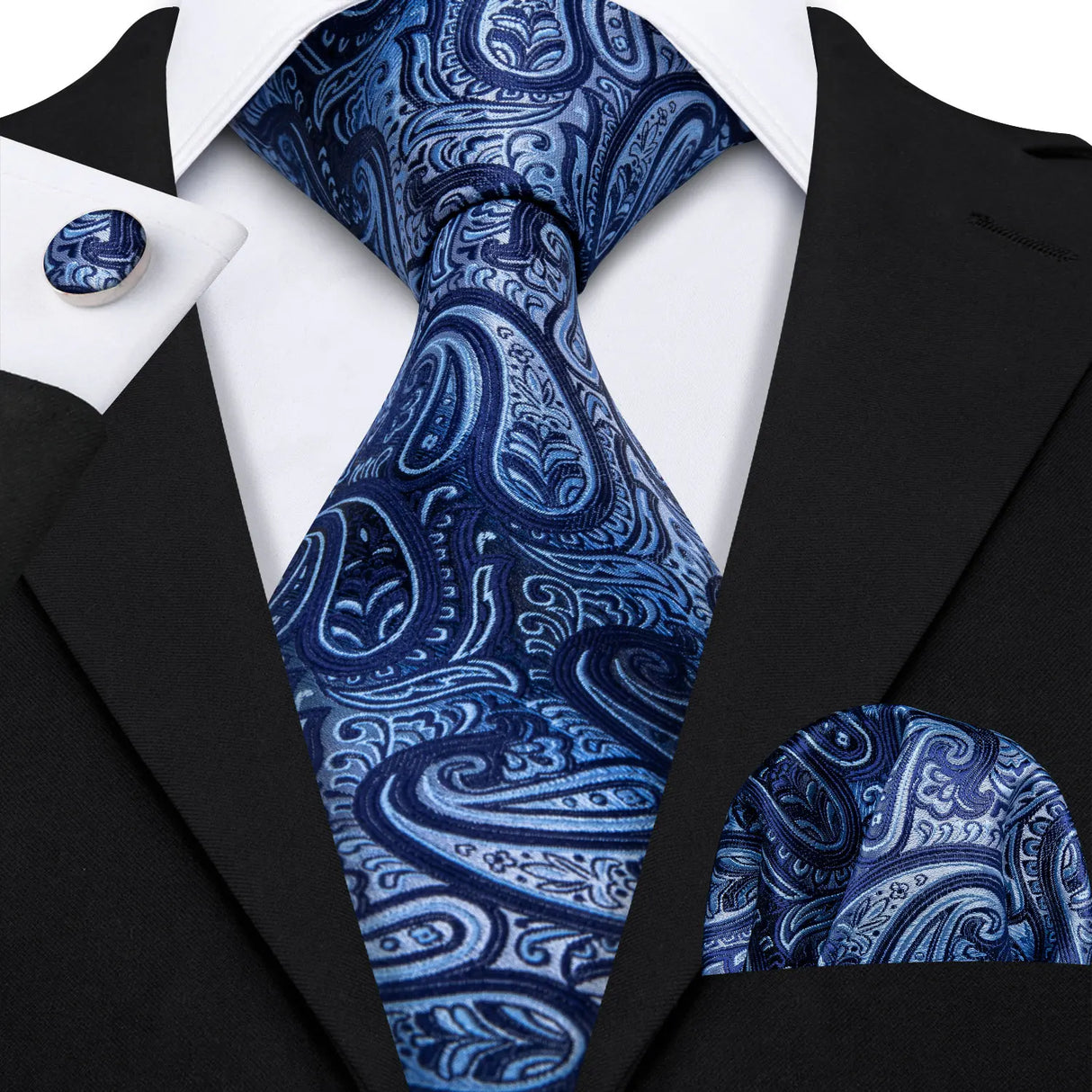 Navy Blue Hanky Cufflinks Silk Tie Set