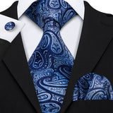 Navy Blue Hanky Cufflinks Silk Tie Set