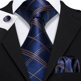 Navy Blue Hanky Cufflinks Silk Tie Set