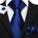 Navy Blue Hanky Cufflinks Silk Tie Set
