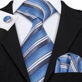 Gray Blue Hanky Cufflinks Silk Tie Set