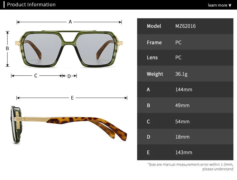 Size of New Aviator Retro Double Bridge Square Sunglasses