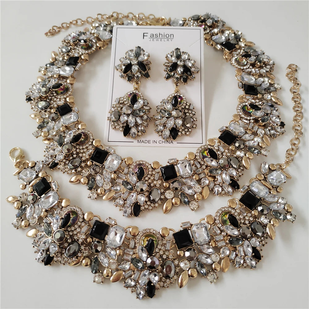 New Crystal Rhinestone Bridal Statement Jewelry Sets black silver