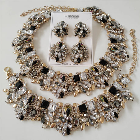 New Crystal Rhinestone Bridal Statement Jewelry Sets black silver