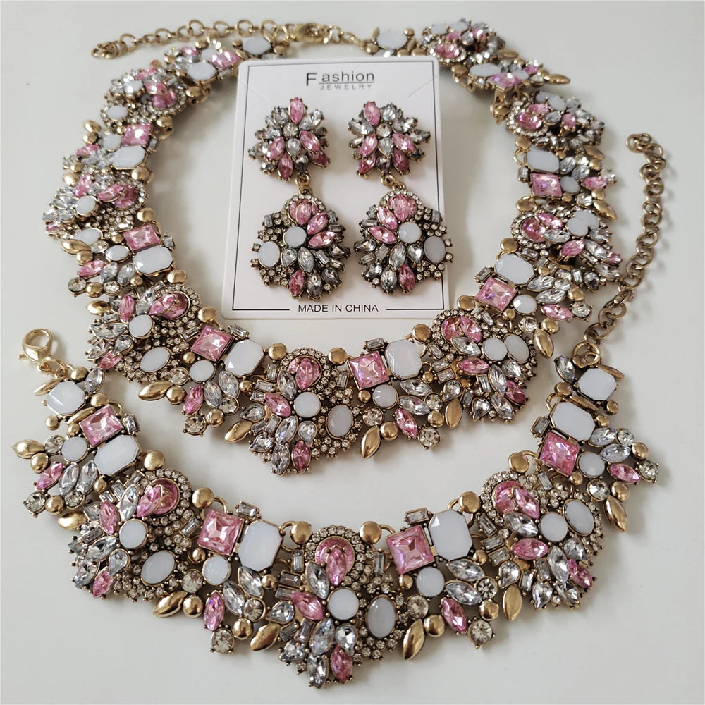 New Crystal Rhinestone Bridal Statement Jewelry Sets pink