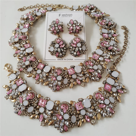 New Crystal Rhinestone Bridal Statement Jewelry Sets pink