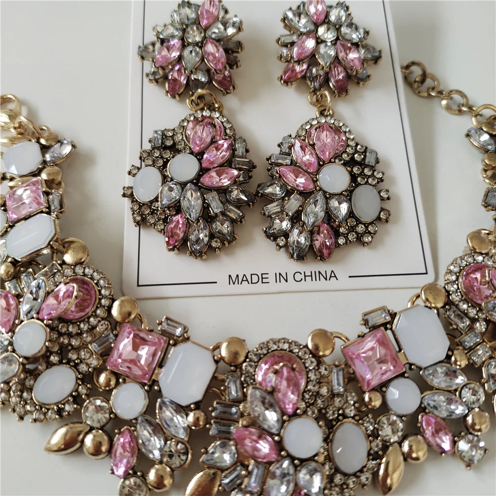 New Crystal Rhinestone Bridal Statement Jewelry Sets pink