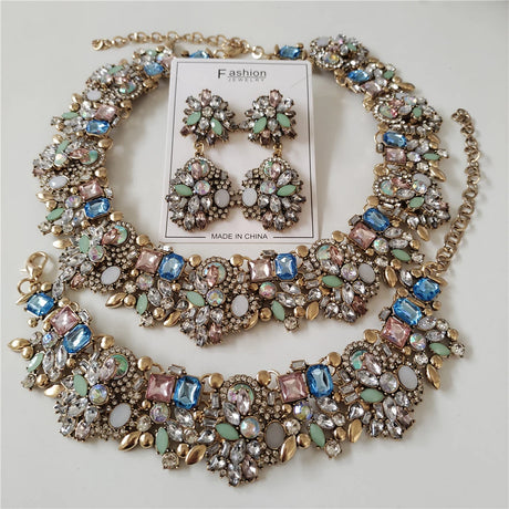 New Crystal Rhinestone Bridal Statement Jewelry Sets blue