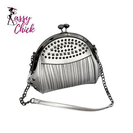 gray black tassel bag sassy chick logo