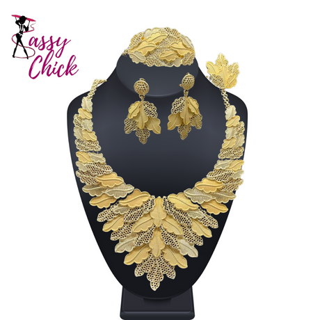 Nigeria Original 18K Gold Plated Leaf Shaped Jewelry Set Women Sassy Chick Logo