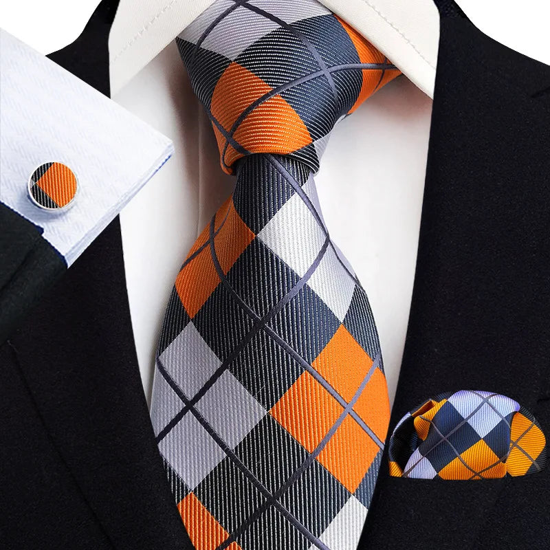 grey white orange square pattern tie