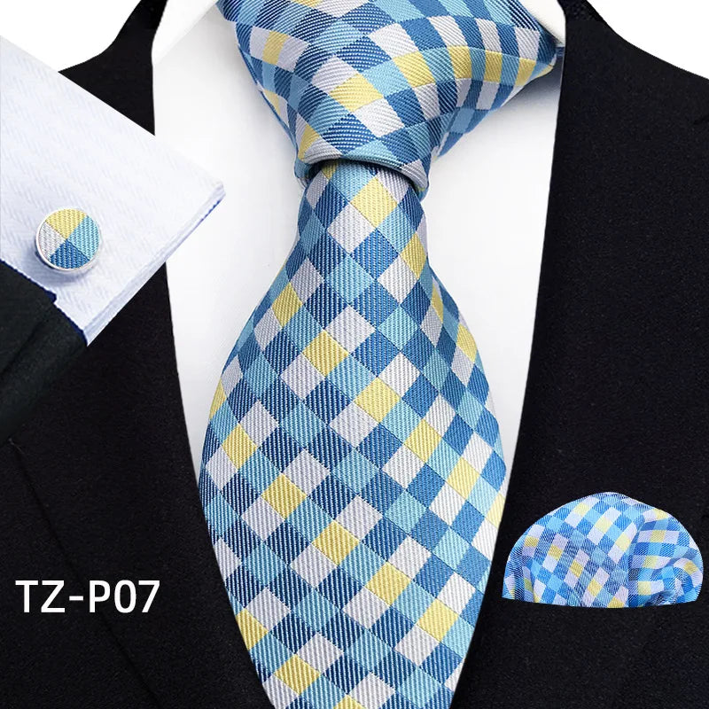 gold blue square pattern tie set