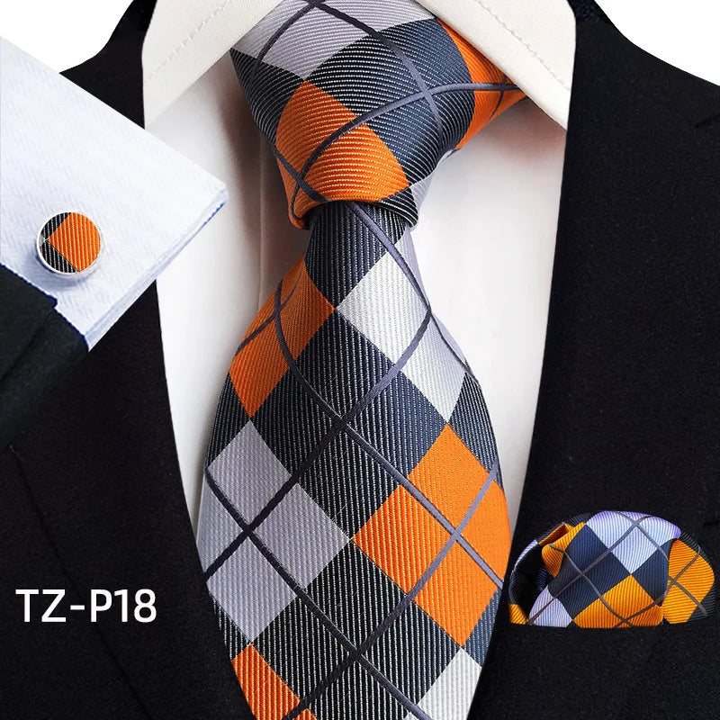 silver white orange square pattern tie set