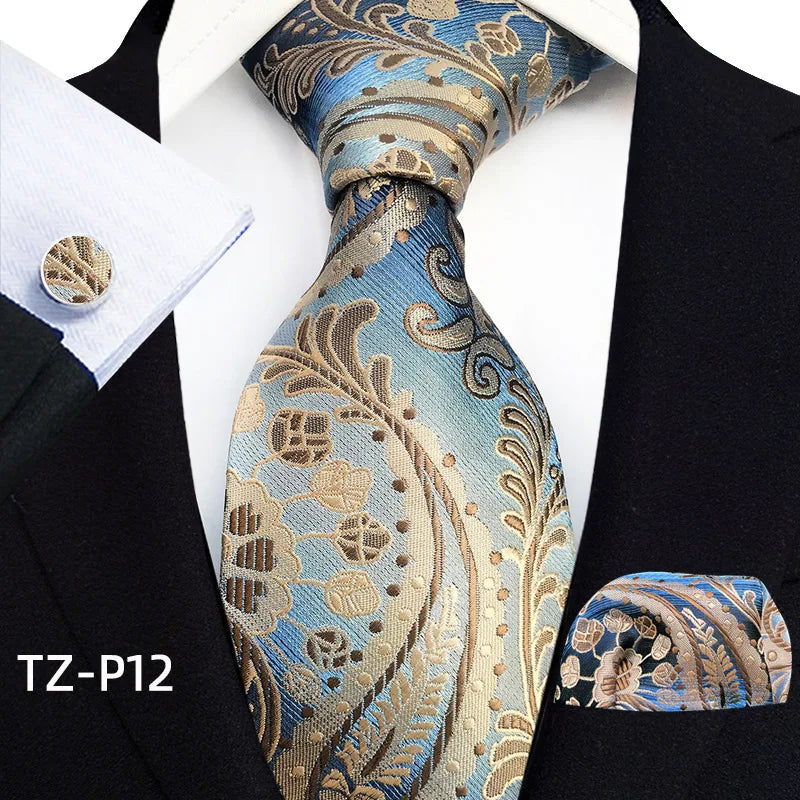 blue gold floral pattern tie set
