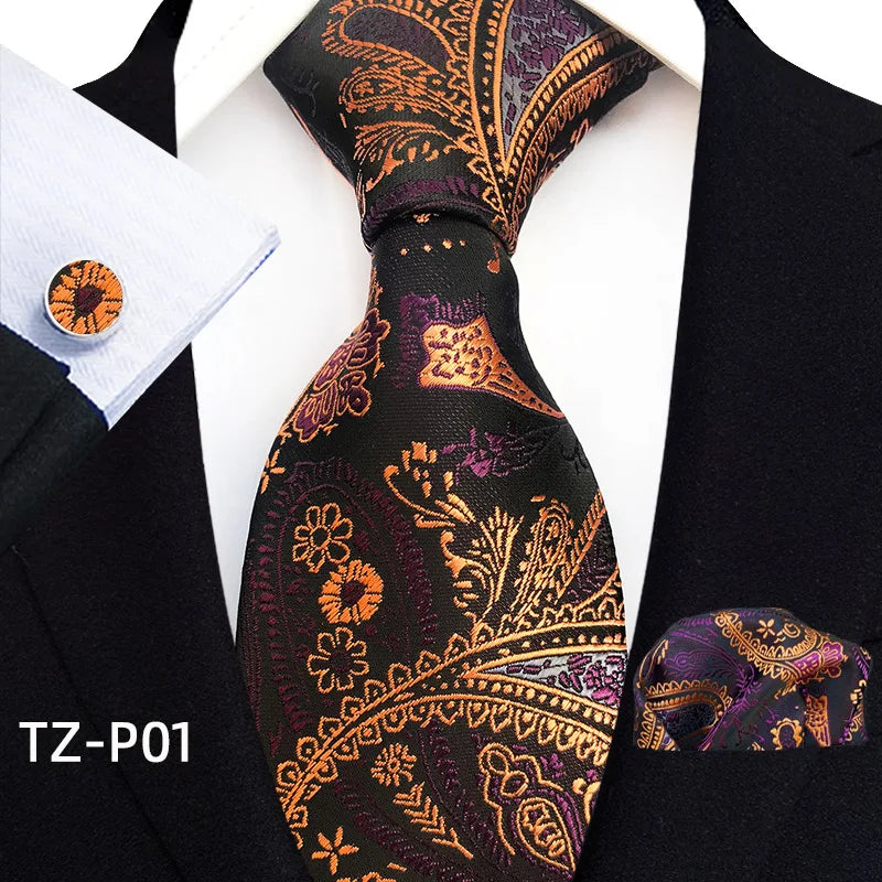 gold black purple floral pattern tie set