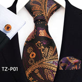 gold black purple floral pattern tie set