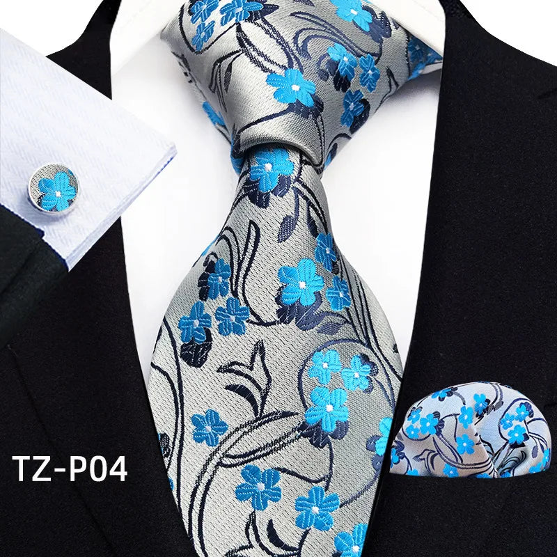 grey blue floral pattern tie set