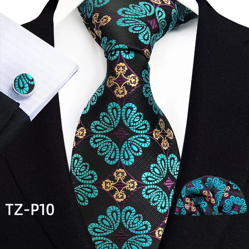 gold green black floral pattern tie set