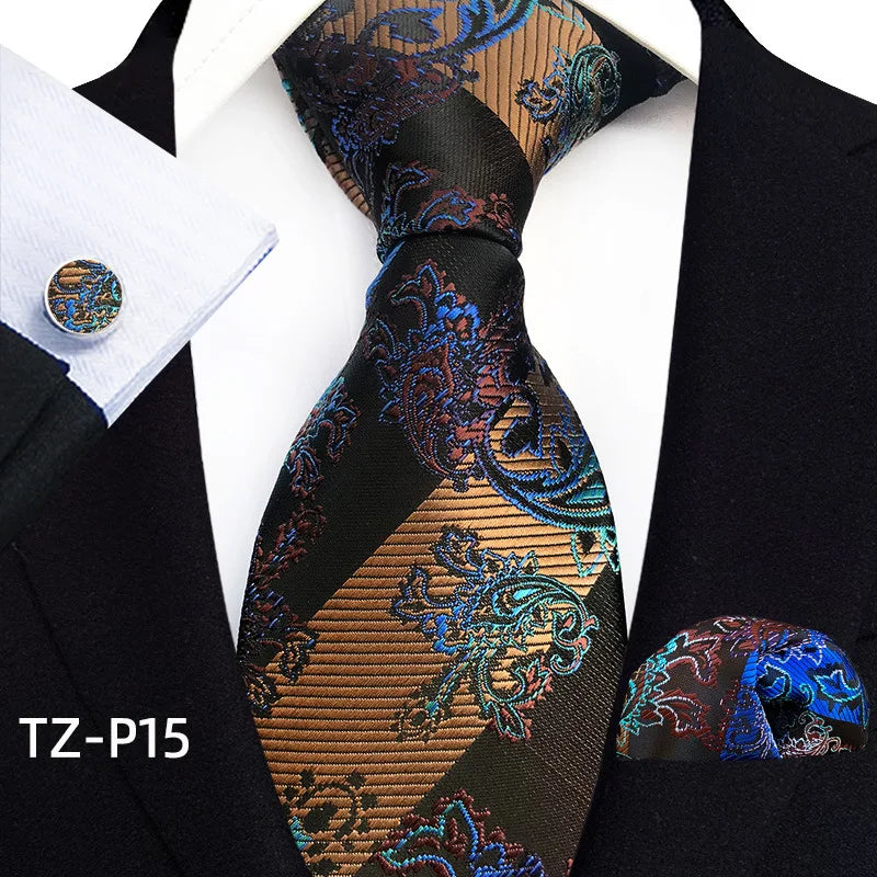 gold brown black floral pattern tie set