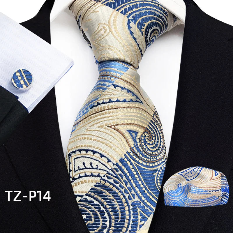 gold blue floral pattern tie set
