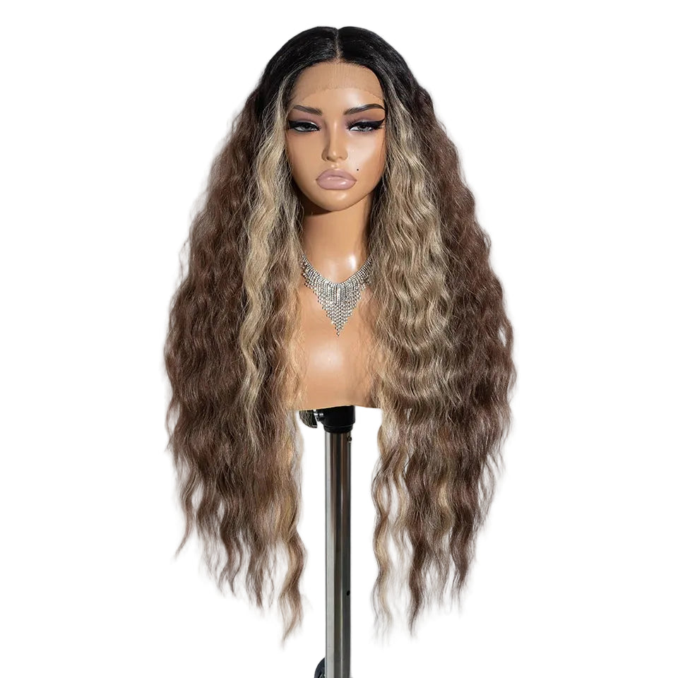 Brown Ombre Blonde Ginger Lace Long Deep Wavy Synthetic Front Wig