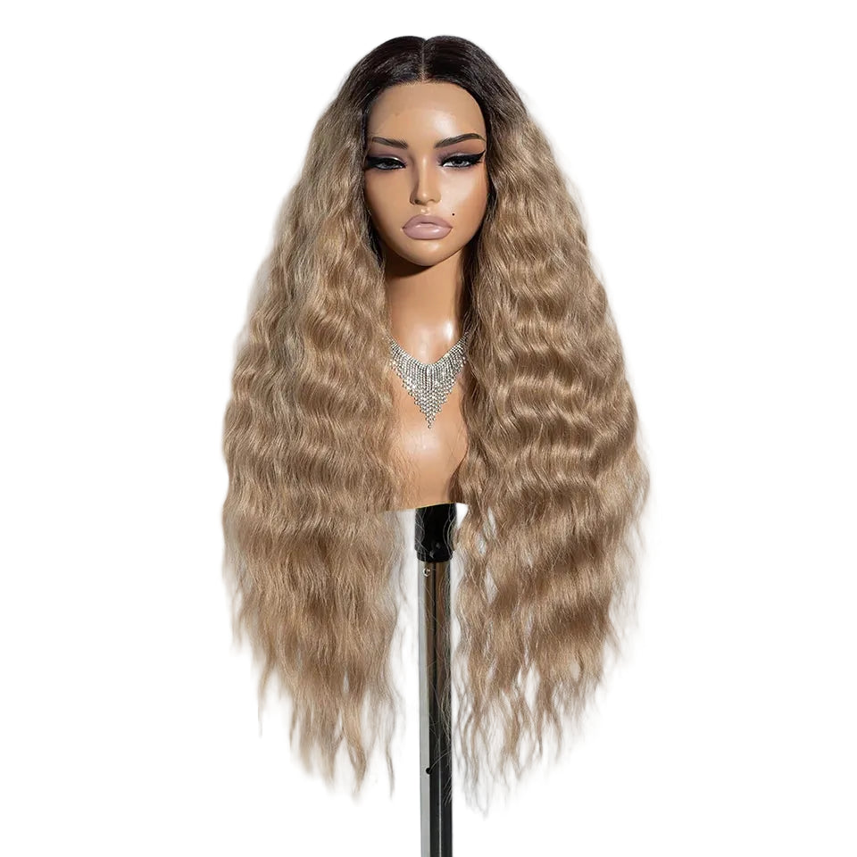 Brown Ombre Blonde Ginger Lace Long Deep Wavy Synthetic Front Wig