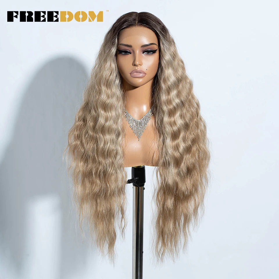 Ash Blonde Ombre Blonde Ginger Lace Long Deep Wavy Synthetic Front Wig