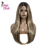 Ombre Brown Blonde 26 inches Straight With Bangs Synthetic Lace Wig Sassy Chick Logo