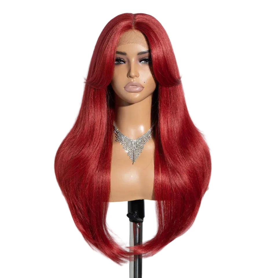 Red Ombre Brown Blonde 26 inches Straight With Bangs Synthetic Lace Wig