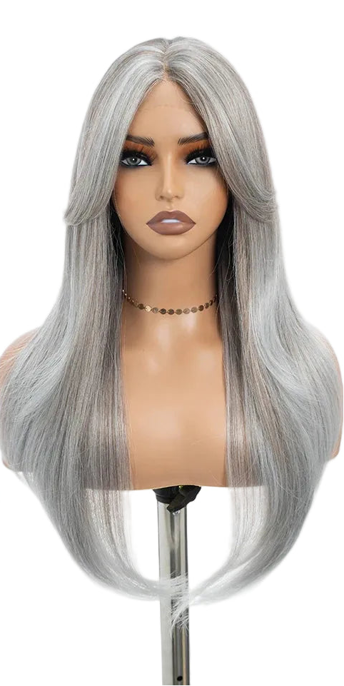 Gray Ombre Brown Blonde 26 inches Straight With Bangs Synthetic Lace Wig