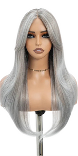 Gray Ombre Brown Blonde 26 inches Straight With Bangs Synthetic Lace Wig