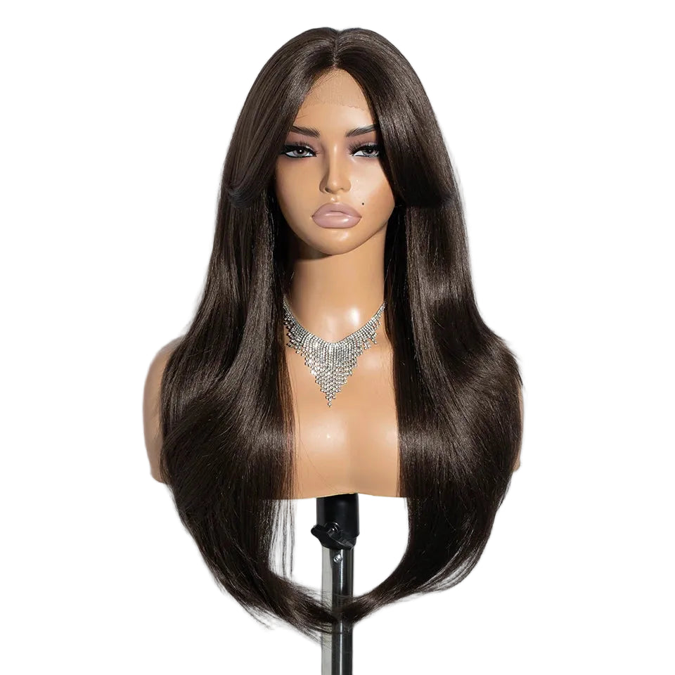 Black Ombre Brown Blonde 26 inches Straight With Bangs Synthetic Lace Wig